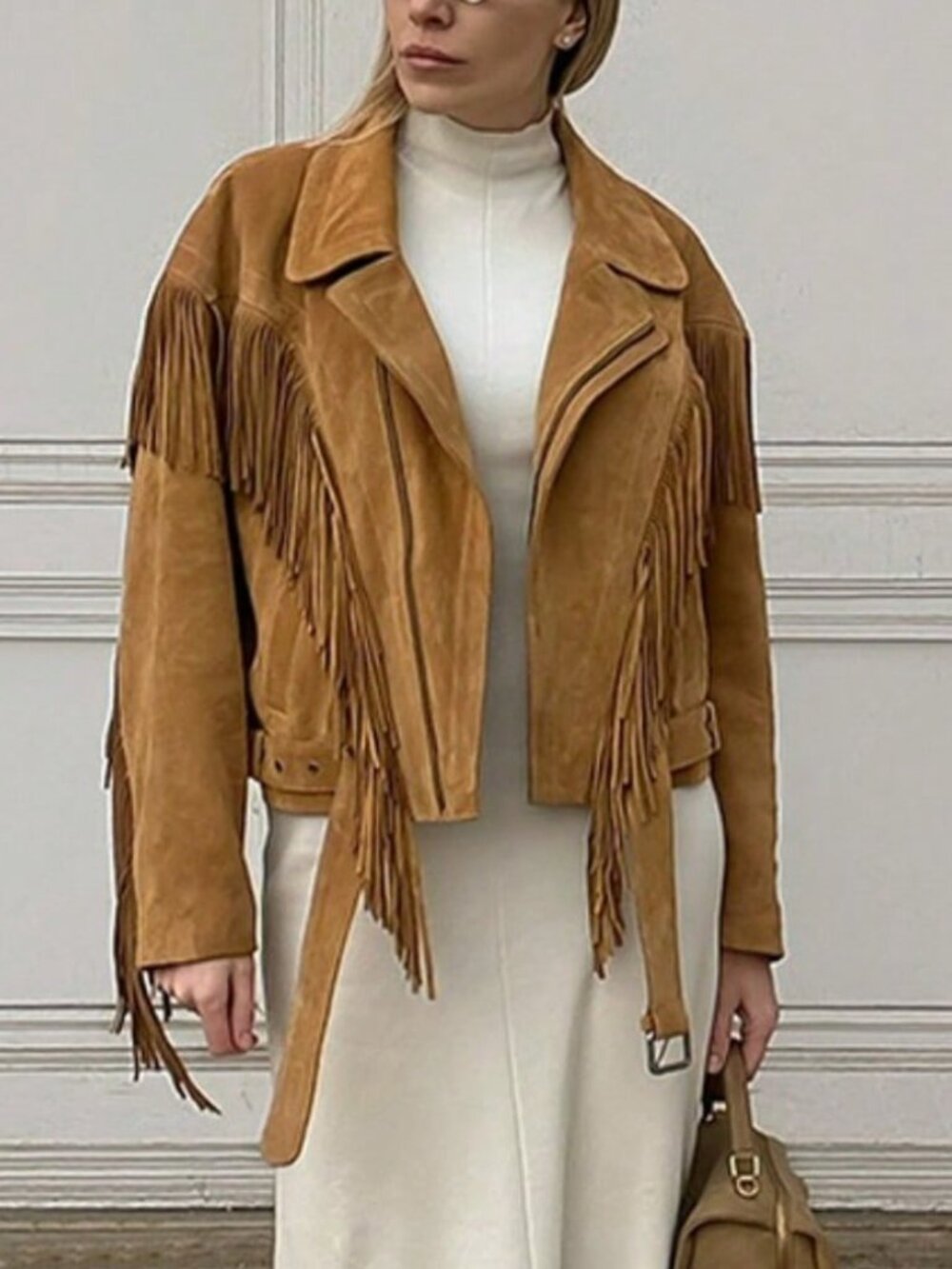 Khaki Party Women's Western Cowboy Fringe Faux Suede Zipper Biker Jacket - Picture 3 of 3